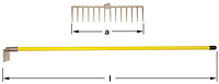 Composite image of a yellow-handled rake.  The image above shows a horizontal view of the rake head with fourteen tines pointed down from the rake head. The image underneath shows to the total length of the rake with the rake head on the left end.